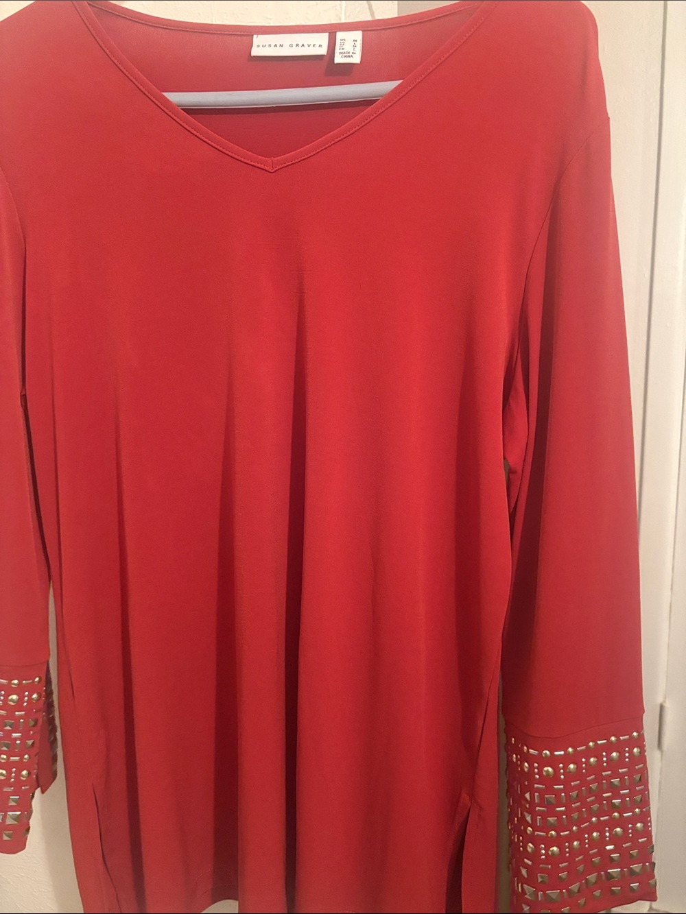 Susan Graver Bright Rust V-Neck Tunic with Studded Cuffs
